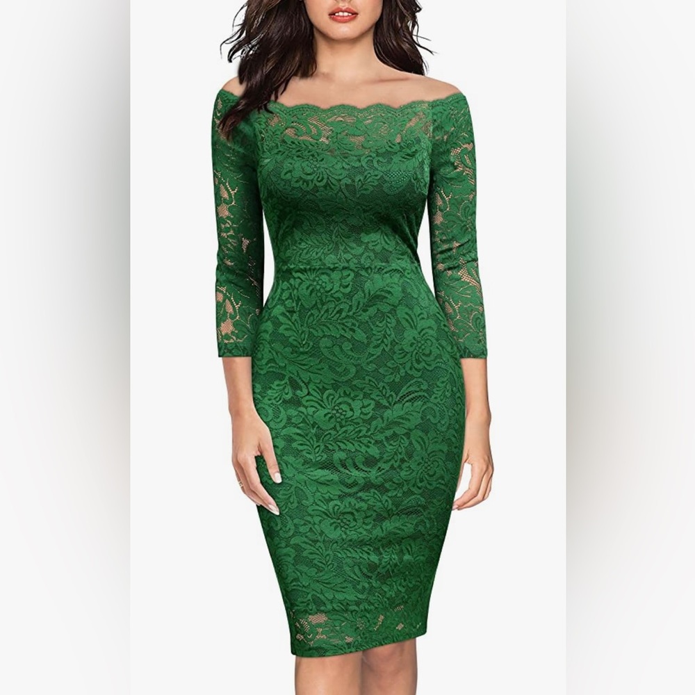 Holiday Green Lace off the shoulder dress